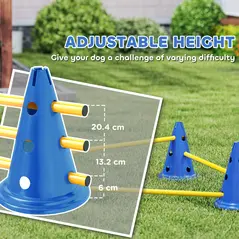 PawHut Dog Agility Equipment Set of Six Cones, Six Poles with Carry Bag, Three-Piece Adjustable Height Jumping Obstacles, Blue - 6