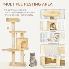 PawHut Cat Tree for Indoor Cats Pet Activity Centre Kitty Condo Climbing Scratching Post with Toys 4-tier 114cm Tall Beige - 5