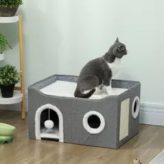PawHut Cat Bed for Indoor Pets, Foldable Cat House with Fluffy Ball and Scratch Pad for Small and Medium Pets, Grey - 2