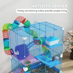 PawHut 5 Tier Hamster Cage Carrier Habitat w/ Exercise Wheels, Tunnel, Blue - 4