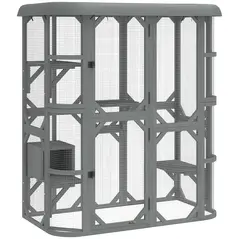 PawHut Catio Outdoor Cat Enclosure,  Wooden Cat House with Platforms, Condo and Waterproof Cover for 2–3 Kittens, Grey - 1