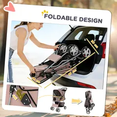 PawHut Dog Pram, Pet Stroller with Reflective Strips, Foldable Cat Stroller with 360° Swivel Wheels, Brown - 5