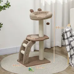PawHut Cat Tree for Indoor Cats, 88cm Cat Tower with Sisal Scratching Post, Hanging Ball, Large Cat Perch, Stairs, Brown - 3