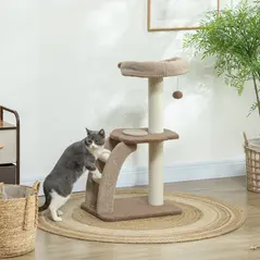 PawHut Cat Tree for Indoor Cats, 88cm Cat Tower with Sisal Scratching Post, Hanging Ball, Large Cat Perch, Stairs, Brown - 2