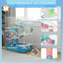 PawHut 6 Tier Hamster Cage, Small Animal Cage with Tubes, Exercise Wheel, Ramps, Hut, Food Dish, Water Bottle, Light Blue - 6