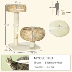 PawHut 72cm Cat Tree Kitten Tower, with Sisal Scratching Post, Two Beds, Toy Ball - 3