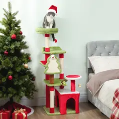 PawHut Cat Tree, 120cm Christmas Cat Tower with 3 Scratching Posts, Scratching Board, 2 Perches, Platforms, Toys, Green - 2