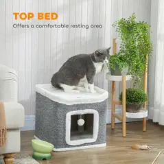 PawHut Cat House for Indoor Kittens, 2-Level Cat Cave Bed with Fluffy Balls, Top Bed, Kitten Barrel for Multi Kitties, Grey - 6