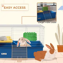 PawHut Chinchillas Small Rabbit Guinea Pig Small Animal Cage, Pet Playhouse, with Platform, Ramp, 71 x 46 x 47cm, Blue - 7