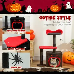 PawHut Cat Tree, Gothic Cat Tower with Scratching Posts, Cute Condo, Coffin Platform, Bed and Spider Toy, Halloween - 5