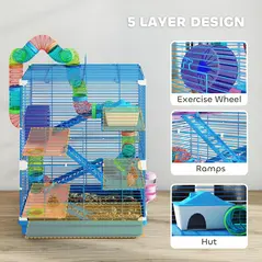 PawHut 5 Tier Hamster Cage Carrier Habitat w/ Exercise Wheels, Tunnel, Blue - 6