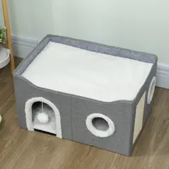 PawHut Cat Bed for Indoor Pets, Foldable Cat House with Fluffy Ball and Scratch Pad for Small and Medium Pets, Grey - 8