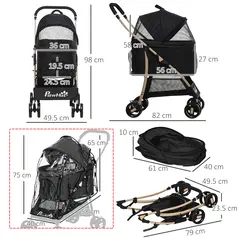 PawHut Detachable Pet Stroller with Rain Cover, 3 In 1 Cat Dog Pushchair, Foldable Carrying Bag w/ Universal Wheels, Brake, Canopy, Basket, Storage Bag for Small and Tiny Dogs - Black - 3