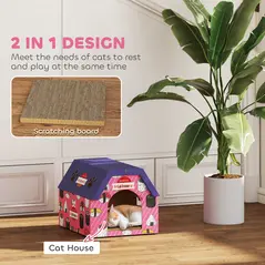 PawHut Cat Scratching Board, 2-in-1 Cardboard Cat House and Hideaway for Indoor Cats, Pink - 4