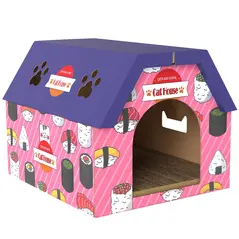 PawHut Cat Scratching Board, 2-in-1 Cardboard Cat House and Hideaway for Indoor Cats, Pink - 1