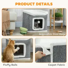 PawHut Cat House for Indoor Kittens, 2-Level Cat Cave Bed with Fluffy Balls, Top Bed, Kitten Barrel for Multi Kitties, Grey - 5