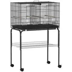 PawHut Bird Cage with Divider, 4 Wooden Perches, Slide Out Tray, 4 Feeders, for Budgie, Lovebird, Canary, 76 x 46 x 116cm Black - 1