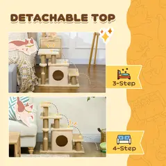 PawHut Adjustable Cat Steps, with House & Hanging Toy Ball - Beige - 4
