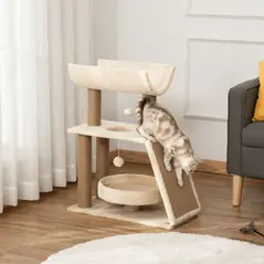 PawHut Cat Tree Tower, with Scratching Posts, Pad, Bed, Perch, Toy Ball - Light Brown - 2