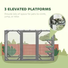 PawHut 71" Outdoor Wooden Cat House with Three Platforms, Large Door, Water-Resistant Roof, for Multiple Cats, Grey - 6