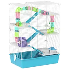 PawHut 6 Tier Hamster Cage, Small Animal Cage with Tubes, Exercise Wheel, Ramps, Hut, Food Dish, Water Bottle, Light Blue - 1
