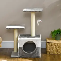 PawHut Cat Tree w/ Sisal Scratching Posts, House, Perches, Toy Mouse, Grey - 9