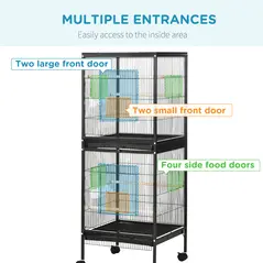 PawHut Bird Cage Budgie Cage 2 In 1 Large Aviary with Wheels Removable Trays for Finch Canaries Cockatiels Black - 5