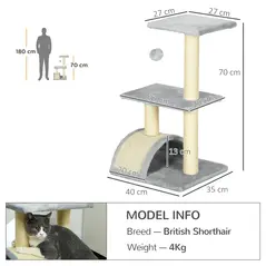 PawHut 72cm Cat Tree with Scratching Post, Pad for Indoor Cats - Light Grey - 3