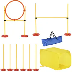 Pawhut Dog Agility Equipment Portable Pet Training Obstacle Set for Dogs 5 Pieces w/ Adjustable High Jumping Pole, Jumping Ring, Weave Poles, Tunnel - 1