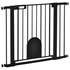 PawHut Dog Gate with Cat Flap Pet Safety Gate Barrier, Stair Pressure Fit, Auto Close, Double Locking, for Doorways, Hallways, 75-103 cm Black - 1
