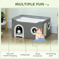 PawHut Cat Bed for Indoor Pets, Foldable Cat House with Fluffy Ball and Scratch Pad for Small and Medium Pets, Grey - 4