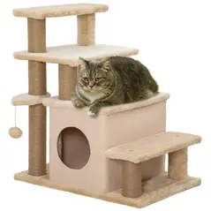PawHut Adjustable Cat Steps, with House & Hanging Toy Ball - Beige - 1
