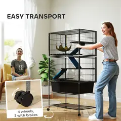 PawHut 5 Levels Rolling Small Animal Cage with Non Slip Ramps, Slide Out 16cm Deep Tray, 88 x 48 x 150.5cm, Dark Grey - 7