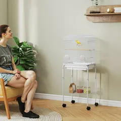 PawHut Bird Cage Budgie Cages for Finch Canary Parakeet with Stand Wheels Slide-out Tray Accessories Storage Shelf, White - 2