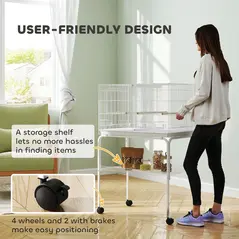 PawHut Bird Cage with Divider, 4 Wooden Perches, Slide Out Tray, 4 Feeders, for Budgie, Lovebird, Canary, 76 x 46 x 116cm White - 8