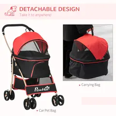 PawHut Detachable Pet Stroller with Rain Cover, 3 In 1 Cat Dog Pushchair, Foldable Carrying Bag w/ Universal Wheels, Brake, Canopy, Basket, Storage Bag for Small and Tiny Dogs - Red - 5