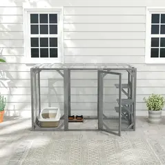 PawHut 71" Outdoor Wooden Cat House with Three Platforms, Large Door, Water-Resistant Roof, for Multiple Cats, Grey - 8