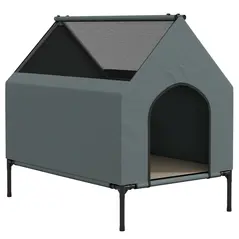 PawHut Dog House Outdoor Elevated Dog Bed with Removable Cover, Mesh Windows, Storage Bag, for S and M-Sized Dogs, Grey - 1