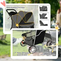 PawHut Dog Pram, Pet Stroller with Reflective Strips, Foldable Cat Stroller with 360° Swivel Wheels, Dark Grey - 6