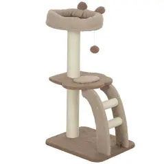 PawHut Cat Tree for Indoor Cats, 88cm Cat Tower with Sisal Scratching Post, Hanging Ball, Large Cat Perch, Stairs, Brown - 1