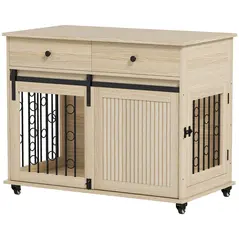 PawHut Dog Crate Furniture on Wheels, Dog Cage with 2 Drawers, Sliding Door, for Medium Large Dogs, Oak Tone - 1