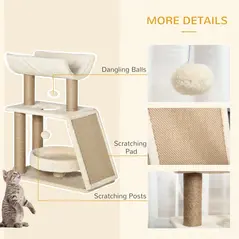 PawHut Cat Tree Tower, with Scratching Posts, Pad, Bed, Perch, Toy Ball - Light Brown - 6