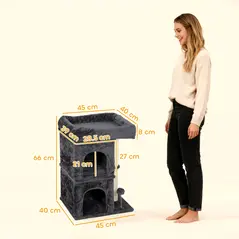 PawHut 66 cm Small Cat Tree for Large Cats, Cat Tower w/ Large Top Perch, 2 Condos, Sisal Scratching Post, Toy Ball, Dark Grey - 3