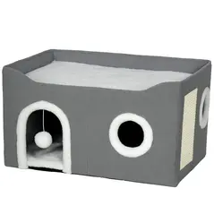 PawHut Cat Bed for Indoor Pets, Foldable Cat House with Fluffy Ball and Scratch Pad for Small and Medium Pets, Grey - 1