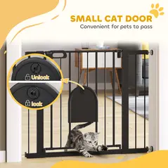 PawHut Dog Gate with Cat Flap Pet Safety Gate Barrier, Stair Pressure Fit, Auto Close, Double Locking, for Doorways, Hallways, 75-103 cm Black - 6