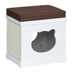 PawHut Cat House Bed Cat Scratching Cube for Small Cat Pet Furniture with Removable Scratching Pad and Soft Cushion White - 1