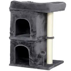 PawHut 66 cm Small Cat Tree for Large Cats, Cat Tower w/ Large Top Perch, 2 Condos, Sisal Scratching Post, Toy Ball, Dark Grey - 1