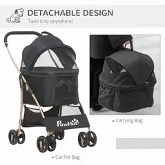 PawHut Detachable Pet Stroller with Rain Cover, 3 In 1 Cat Dog Pushchair, Foldable Carrying Bag w/ Universal Wheels, Brake, Canopy, Basket, Storage Bag for Small and Tiny Dogs - Black - 6