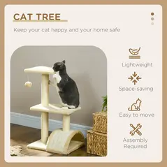 PawHut 72cm Cat Tree with Scratching Post, Pad for Indoor Cats - Cream White - 4