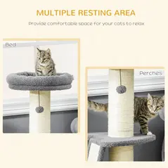 PawHut Cat Tree Tower with Scratching Posts, Pad, Bed, Toy Ball-Dark Grey - 4